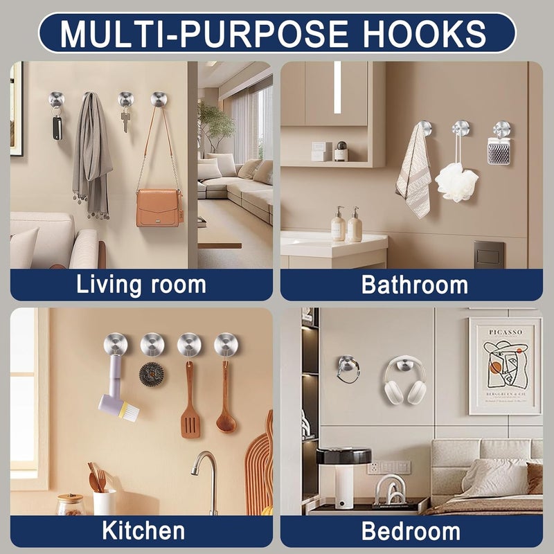 Fasbeu Silver Waterproof Suction Cup Hooks, 2-Pack Heavy Duty Stainless Steel No Drill Shower Hooks for Hanging Towels, Robes, Loofahs, Holder Holds Strong on Tile, Glass, Mirror, Wall, Bathroom Door - Image 5